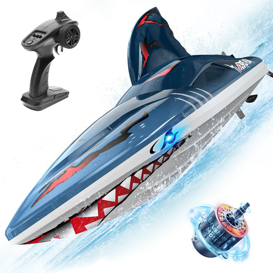 DEERC Fast Brushless RC Shark Boat for Adults 30+MPH 3S High Speed Remote Control Boat Self-righting 2.4Ghz Speed Boat with LED Lights Summer Toy Gift for Kids…