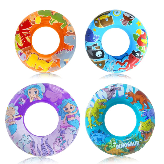 Quad Pack Inflatable Pool Floats Kids- 36" & 24" Pool Floaties for All Ages Unique Dino Mermaid Pirate Themes Pool Tube Swim Ring and Pool Party Toys for Kids 3-5 4-8 8-12 Teens Adults